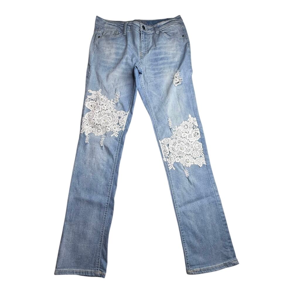 V GOLD Distressed JEANS Women's 16-1/2+ Lace Embellished Stretch Skinny Leg Blue